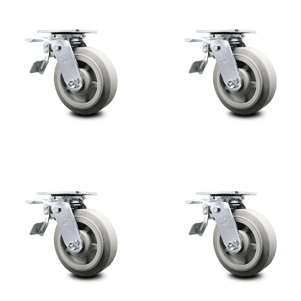 6 Inch Thermoplastic Rubber Caster Set with Roller Bearings and Total Lock Brake